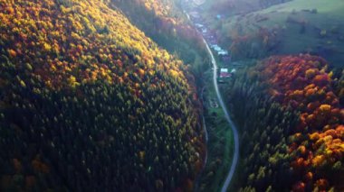 Sonbahar ormanlarıyla çevrili kırsal bir vadinin havadan görünüşü, vadide bir yol, gün ışığının parladığı bir dağ köyü. Yüksek kalite 4k görüntü