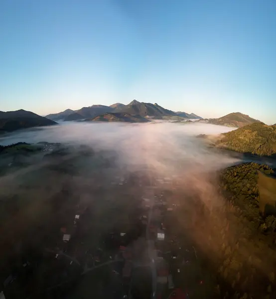 Çarpıcı dağ vadisi, yeşil alp çayırlarıyla kaplıdır. Mekan Karpat Dağları, Slovakya Avrupa. Hava fotoğrafçılığı. Mükemmel bir duvar kağıdı. Toprağın güzelliğini keşfedin