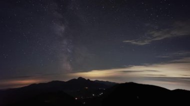 Samanyolu 'nun da dahil olduğu yıldızların zaman çizelgesi. Acı bir manzaranın silueti üzerinde hareket ediyorlar. Yüksek gece bulutları. Yüksek kalite 4k görüntü