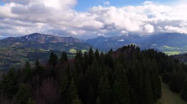 Dağların ve ormanların altındaki bir vadide bir dağ köyü. Kuşlar ağaçların, dağların kırsal kesimlerinin manzarasını seyreder. Yüksek kalite 4k görüntü