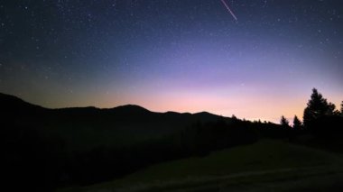 Gece gökyüzündeki bir ormanın üzerinde hareket eden yıldızların zamanaşımı. Yıldızlı gece geçmişi. Efsanevi video. Yüksek kalite 4k görüntü