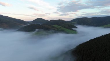 Bir dağ vadisini kaplayan yoğun bir sis tabakasını gösteriyor. Karanlık, ormanlık tepeler ve tepeler sisin üzerinde ortaya çıkarak dingin ve karamsar bir manzara yaratıyor. Sahne kaydedildi.