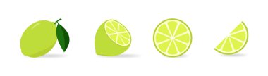 Limon dilimleri, yapraklı yeşil turunçgil. Limon dilimleri hazır. Limon, yeşil ve sulu, organik vitamin suyu. Lezzetli sulu limon. Beyaz arkaplanda izole edilmiş egzotik bitkinin vektör illüstrasyonu.