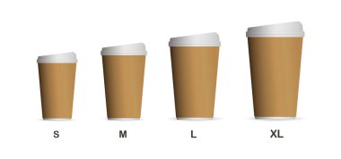  Realistic Paper or Plastic Brown Disposable Tea, Coffee Cup Set size s, m, x, xl. Vector 3d Illustration. Design Template. Front View