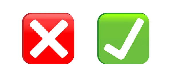 Yeşil kontrol işareti ve Kızıl çarpı x tuşları. Yeşil onay işareti. Kırmızı yanlış işaret. Evet söyle. Web ve uygulama için vektör