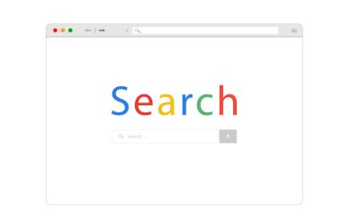 Beyaz arkaplandaki tarayıcı penceresi. Web tarayıcı modeli. Tarayıcı Arama interneti. Düz stok vektör illüstrasyonu.