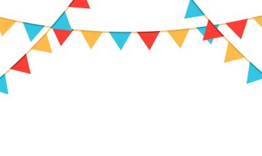 Beyaz arka planda iplerin üzerinde çok renkli üçgen çelenkler. Güzel bayraklardan dekorasyon.