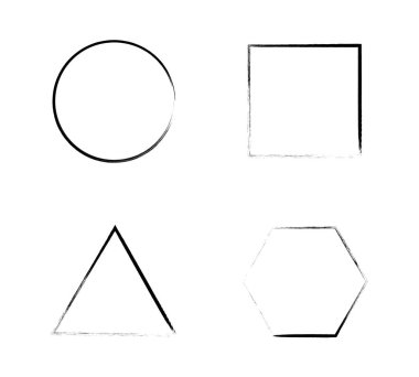 Fırça daireleri, kare, üçgen, altıgen. Grunge yuvarlak kare, üçgen, altıgen. Suluboya dokusu. Mürekkep çemberi, kare, üçgen, altıgen. - hisse vektörü