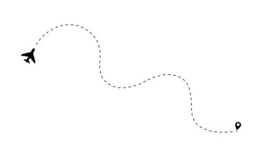 Uçak uçuşu ve noktalı çizgi. Uçuş rotaları. Kırpılmış çizgilerle ya da beyaz arka planda hava çizgileriyle bir uçaktan diğerine. Harita işaretleyici konum şifresi.