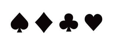 Kart sembolleri oynuyorum. Beyaz arka planda bir deste oyun kartı. Elmaslar, kalpler, sinekler, maça simgeleri vektörü belirlendi.