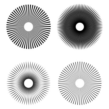 Yıldız oluşumu, radyal çizgiler. Güneş patlaması ikon koleksiyonu. Işınlar, ışınlar. Vektör