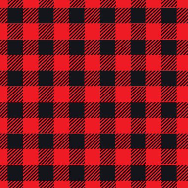 Kırmızı oduncu ekose. Tasarım vektörü boyunca katı ve çizgili karelerle kalın kırmızı ve siyah kareli desen