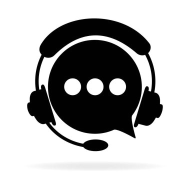 Çevrimiçi müşteri hizmetleri ve iletişim için kulaklık ve konuşma baloncuklarıyla sohbet destek sembolü. Merkezi ara. Vektör