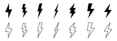 Şimşek simgesi ayarlandı. Çeşitli stillerde ve yaratıcı tasarımlarda yıldırım grafikleri koleksiyonu. Vektör