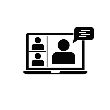 Video konferans ikonu. Birden fazla katılımcı ve sohbet kutusunun gösterildiği bir dizüstü bilgisayarda sanal toplantı. Vektör illüstrasyonu