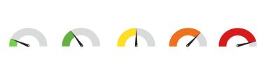 Renkli hız göstergesi simgeleri ayarlandı. Tachometer, Minimalist Vektör tasarımında değişken seviyeleri gösteren beş renkli gösterge
