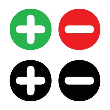 artı ve eksi simgesi. Sembolleri dairesel şekillerde ekle ve çıkart. Oy kullanma, seçim yapma düğmeleri. İnternet ve uygulama için. Vektör
