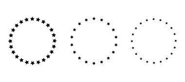 Daire şeklindeki şablondaki yıldızlar. Değişik boyut ve aralıklara sahip beyaz bir zemin üzerinde siyah yıldızların dairesel düzeni. Vektör illüstrasyonu