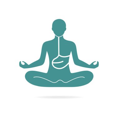 Meditasyon vektör simgesi. Meditasyon yapan bir figür, sağlıklı ve sağlıklı olduğunu vurgulamak için bağdaş kurarak organları vurgular..