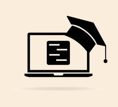 Online eğitim ikonu. Çevrimiçi öğrenme işareti. İleri düzey eğitim. Laptop ve mezuniyet şapkaları. Vektör illüstrasyonu