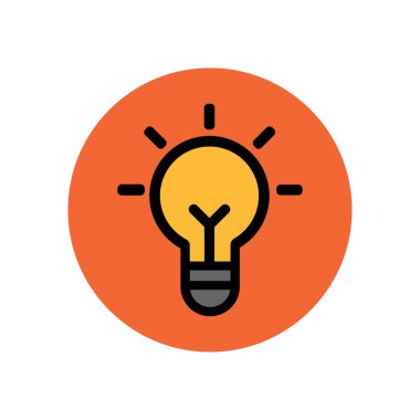 Fikir simgesi. Turuncu arka planda parlak bir ampul yaratıcılığı ve fikir üretimine ilham kaynağı olmayı sembolize ediyor. Vektör tasarımı
