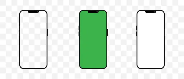  Akıllı telefon modelleme seti. Üç akıllı telefon taslağı gösteriliyor, beyaz, yeşil ve boş ekran seçenekleri gösteriliyor. Vektör