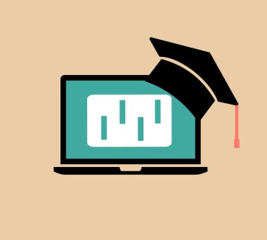 Online öğrenme simgesi. Mezuniyet kepi online öğrenme ve eğitim teknolojisini temsil eden bir dizüstü bilgisayara yerleştirildi. Vektör illüstrasyonu