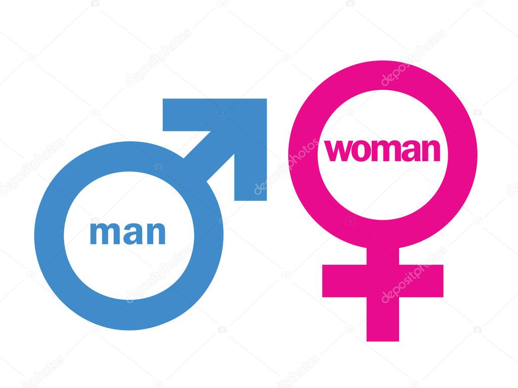 Gender Vector Icon. Male and female symbols. Gender symbols representing man and woman in blue and pink colors for educational purposes.