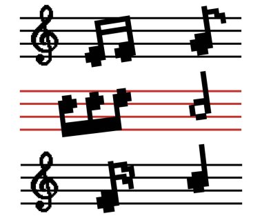 müzikal kompozisyon piksel vektörü. Notalar ve üç katlı anahtarlar. Personel satırlarındaki notalar yaratıcılığı ve ritmi minimalist bir tarzda sergiliyor.