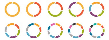 Infographic için çember ok. Renkli diyagram daireleri iş akışını ve işlem akışını görselleştirmek için yön oklarıyla ilerlemeyi gösteriyor. Stok Vektörü