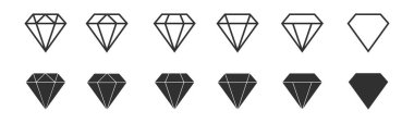 Elmas ikon vektörü ayarlandı. Sıraya dizilmiş çeşitli geometrik elmas şekilleri farklı tasarımlar ve stiller sergiliyor