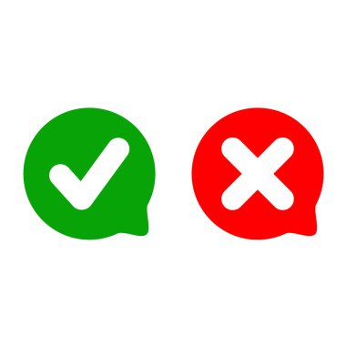 Yeşil ve kırmızı konuşma baloncuklarında gösterilen işaretleme ve çapraz semboller onaylama ve onaylamamayı temsil ediyor. Vektör illüstrasyonu