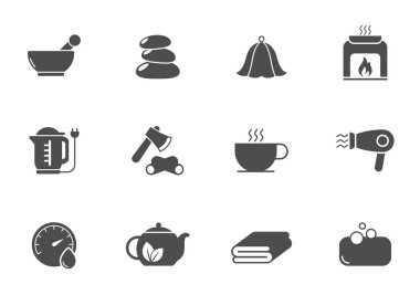 Beyaz üzerine izole edilmiş spa ve sauna siluet vektör simgeleri. Web, mobil uygulamalar, ui tasarımı ve yazdırma için spa ve sauna simgesi