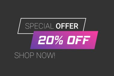 Siyah arka planda izole edilmiş% 20 indirimli pankart. İşiniz için mor gradyan tanıtım tanıtımı