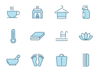 Beyaz arka planda izole edilmiş iki renkte spa ve sauna çizgisi vektör simgeleri. Web tasarımı için spa ve sauna mavi simgesi, evet, mobil uygulamalar ve yazdırma