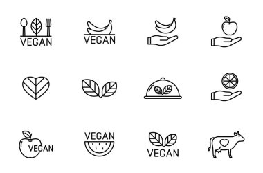 Vegan çizgi vektör simgeleri beyaza izole edildi. Web ve ui tasarımı, mobil uygulamalar ve yazdırma ürünleri için vegan şiddet içermeyen gıda lineal simgesi seti