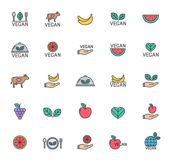 Set Icone Con Contorno Riempito Colore Vegano Icone Vegan Linea — Vettoriale Stock