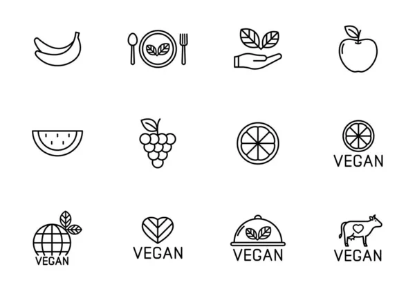 Vegan Outline Vector Icons Isolated White Background Vegan Healthy Food — Stock Vector