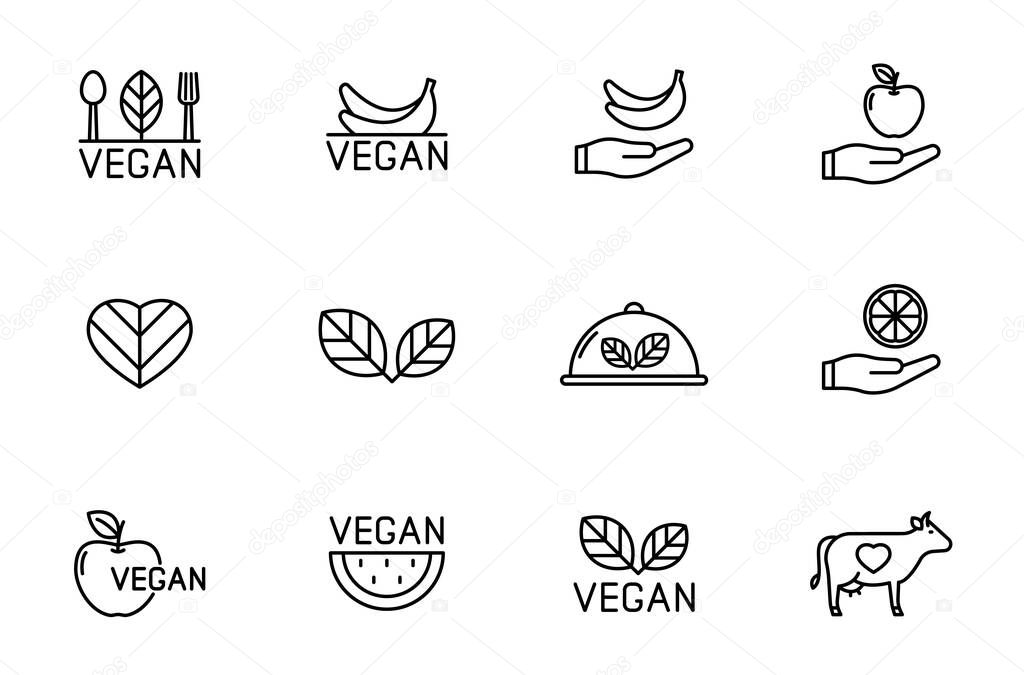 Vegan line vector icons isolated on white. vegan non violent food lineal icon set for web and ui design, mobile apps and print products