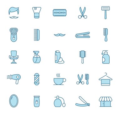 Berber dükkanı vektör simgeleri beyaz arka planda izole edilmiş iki renk. Web tasarımı için kuaför salonu mavi simgesi seti, evet, mobil uygulamalar ve yazdırma