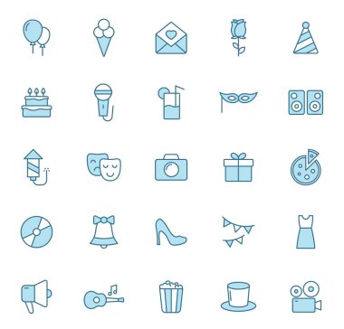 parti çizgi vektör simgeleri beyaz arkaplanda izole edilmiş iki renkte. Web tasarımı için doğum günü partisi mavi simgesi seti, ui, mobil uygulamalar, baskı yalan makinesi ve reklam işi
