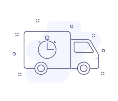 dağıtım ana hatları vektör çizimi beyaza izole edildi. Kronometre mor çizgi ikonlu, açık pembe arka planı ve dekorasyonu olan bir kamyon. Web ve ui tasarımı, mobil uygulamalar ve yazdırma yalan makinesi için