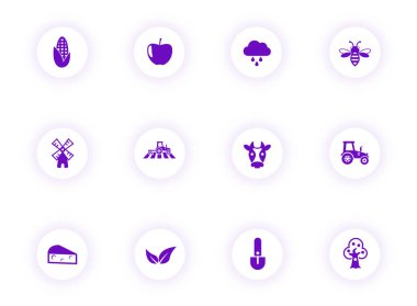 Mor gölgeli ışık yuvarlak düğmelerde ziraat mor renk vektör simgeleri. Web, mobil uygulamalar, ui tasarım ve yazdırma için ziraat simgesi seti
