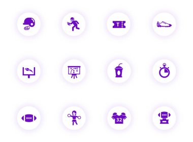 american football purple color vector icons on light round buttons with purple shadow. american football icon set for web, mobile apps, ui design and print