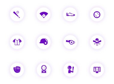 Mor renkli hafif düğmelerde mor renkli vektör simgeleri. Web, mobil uygulamalar, ui tasarım ve yazdırma için beysbol simgesi