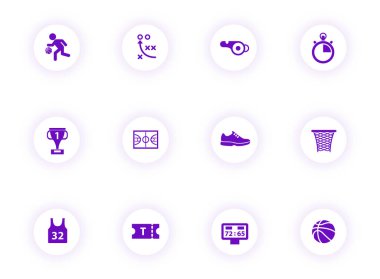 basketball purple color vector icons on light round buttons with purple shadow. basketball icon set for web, mobile apps, ui design and print