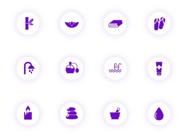 Güzellik ve spa mor renkli vektör simgeleri açık renkli düğmelerde mor gölgeli. Web, mobil uygulamalar, ui tasarım ve yazdırma için güzellik ve spa simgesi