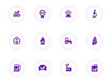 Biyolojik yakıt mor renk vektör simgeleri mor gölgeli ışık yuvarlak düğmeler üzerinde. Web, mobil uygulamalar, ui tasarım ve yazdırma için biyolojik yakıt simgesi seti