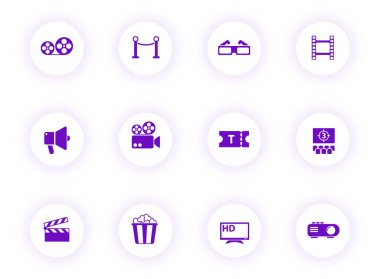 Sinema mor renkli vektör simgeleri mor gölgeli ışık yuvarlak düğmelerde. Web, mobil uygulamalar, ui tasarım ve yazdırma için sinema simgesi