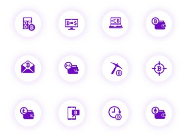 Mor gölgeli ışık yuvarlak düğmelerde kripto para birimi mor renk vektör simgeleri. Web, mobil uygulamalar, ui tasarımı ve yazdırma için şifreleme para birimi simgesi seti